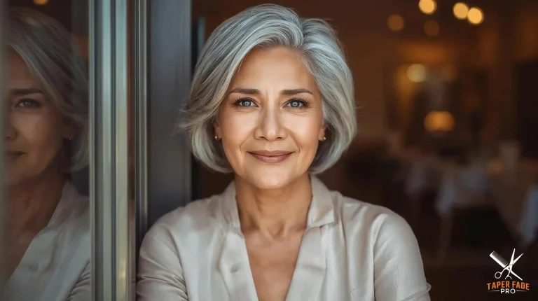 Elegant woman with short silver haircut, inspiration for short haircuts for women over 60
