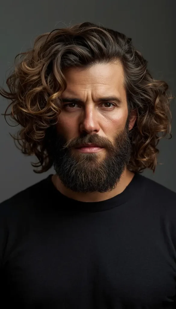 Long Curly Hair with Natural Beard style