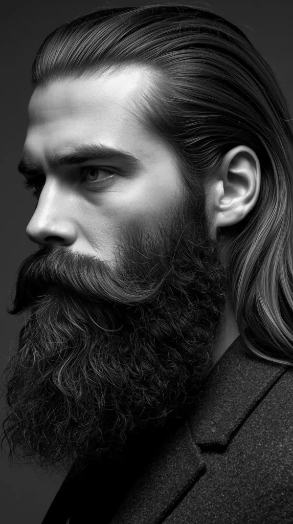 Long Slick Back Hair with Full Beard