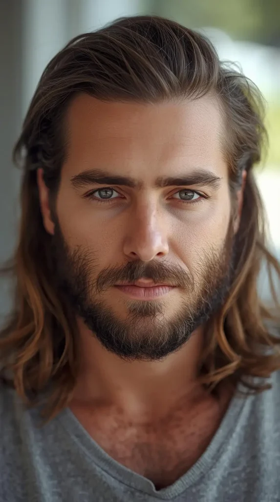Half Up Long Hair with Beard style