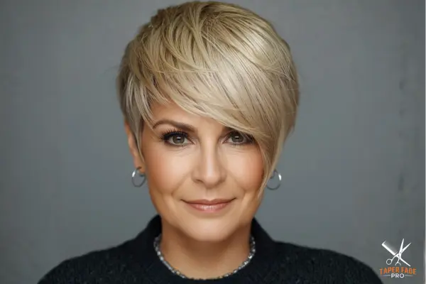 Stylish older woman with asymmetrical short haircut and silver hair, representing modern short hairstyle trends.