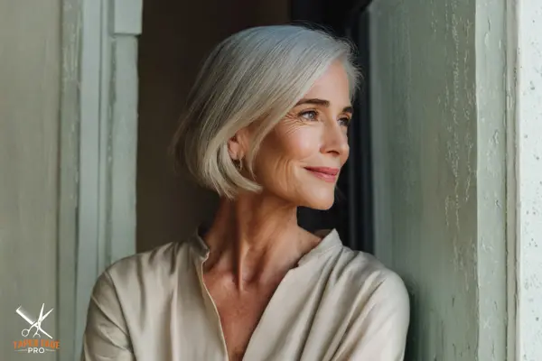 Elegant mature woman with classic bob haircut and silver-gray hair, showcasing timeless short hairstyle for women over 60.