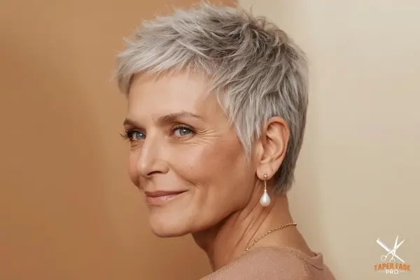 Confident woman over 60 with short gray pixie haircut smiling naturally, showing low-maintenance style.