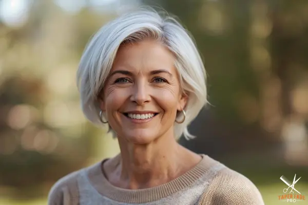Confident woman with short silver-blonde haircut smiling in natural light, symbolizing why short haircuts are perfect for women over 60