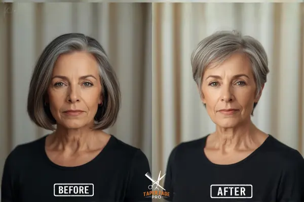 Real woman in her 60s before and after short haircut transformation, showing confidence and fresh new look.