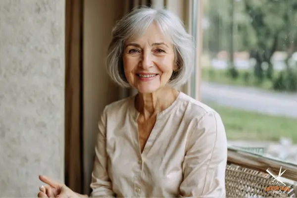 Mature woman over 60 with short layered crop hairstyle, showcasing natural volume and texture.