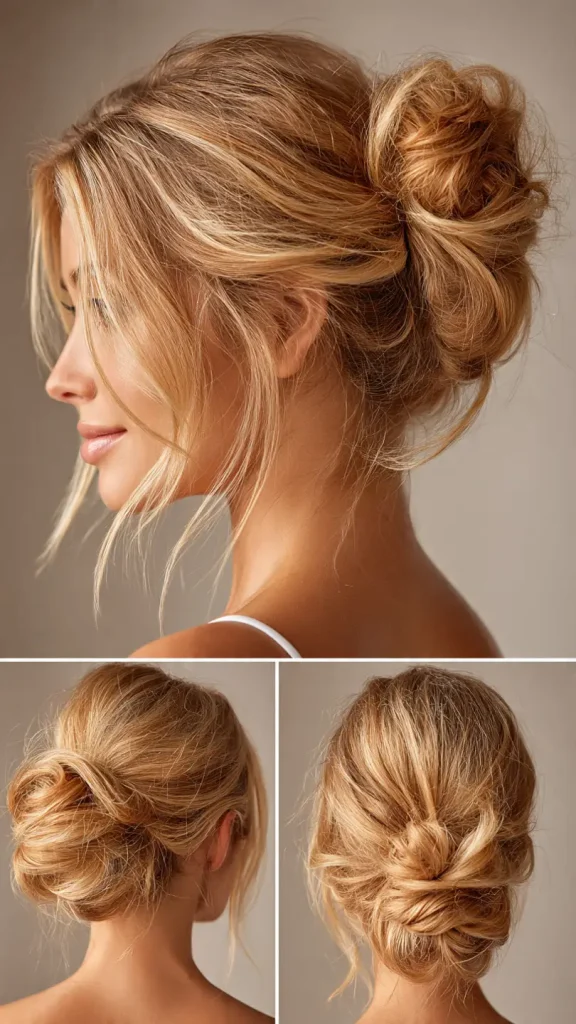 three women with short messy buns