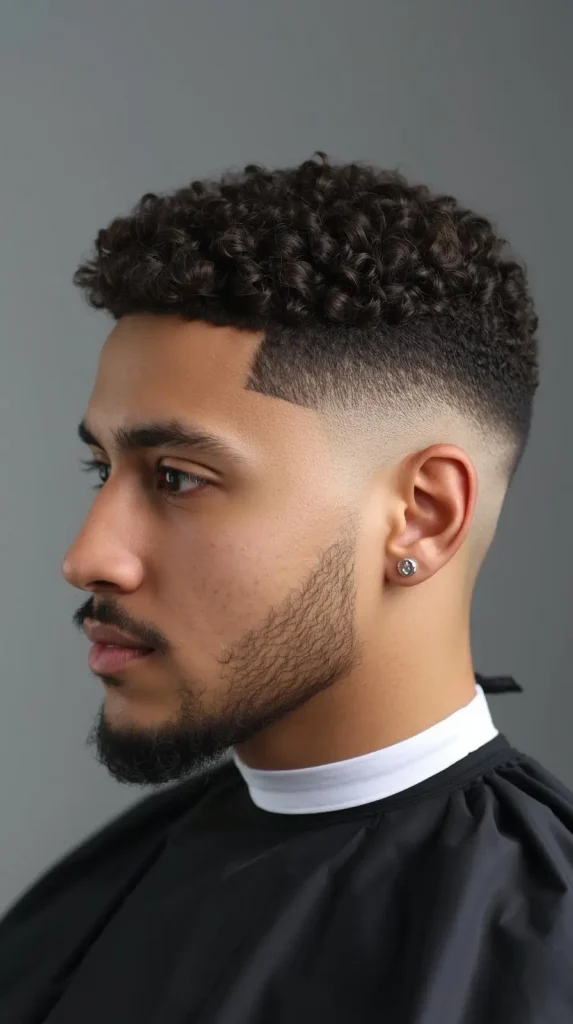 Curly Hair Taper Fade With Beard