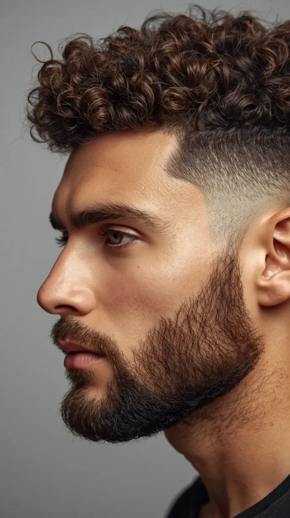 Curly Hair Taper Fade With Beard and Line Up