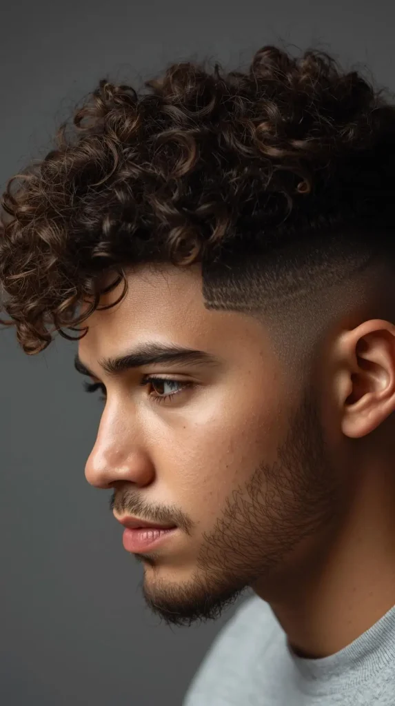Curly Hair Taper Fade With Middle Part