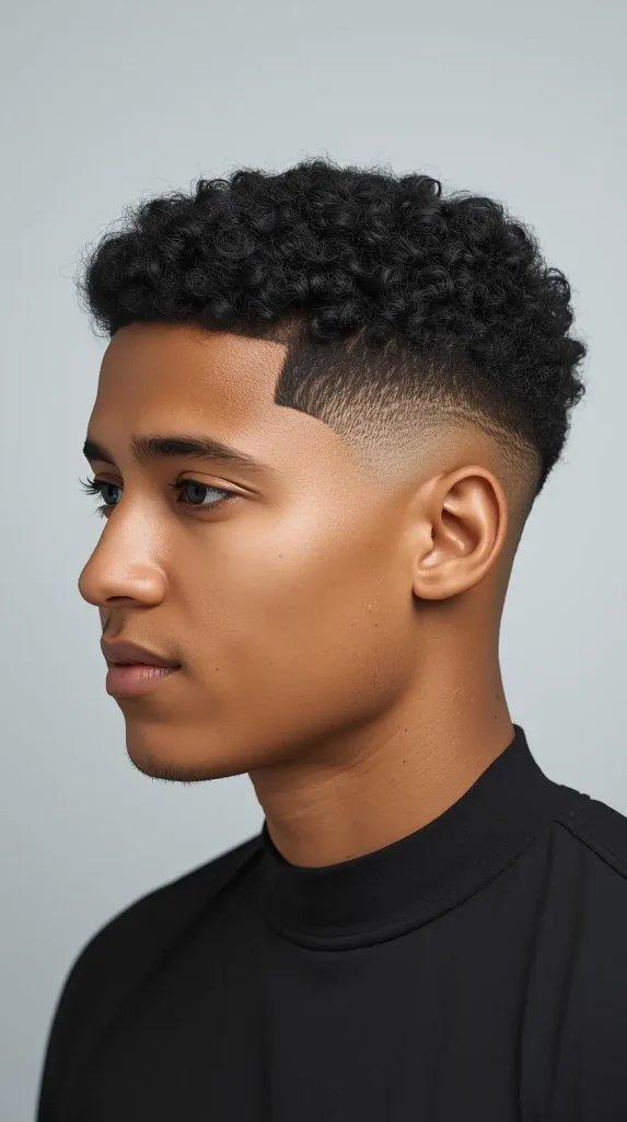 Short Curly Hair Taper Fade With Line Up