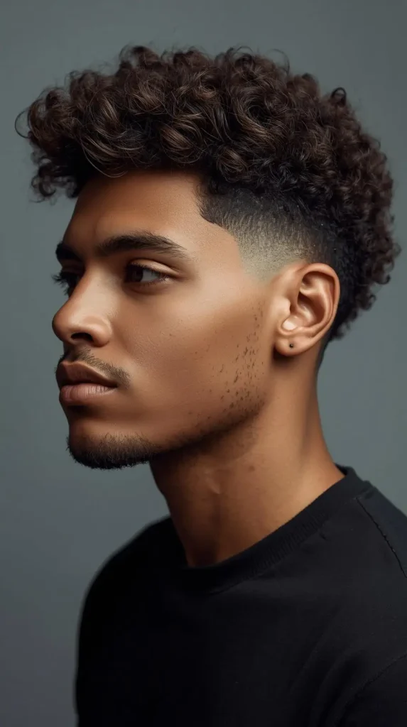 Curly Hair Taper Fade With Natural Part