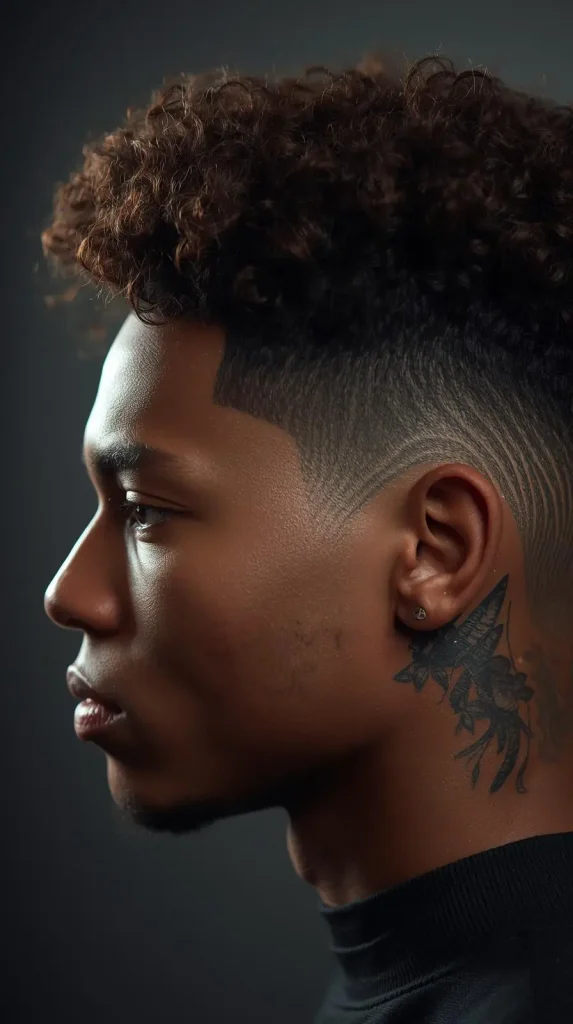 Mid Taper Fade Curly Hair With Design